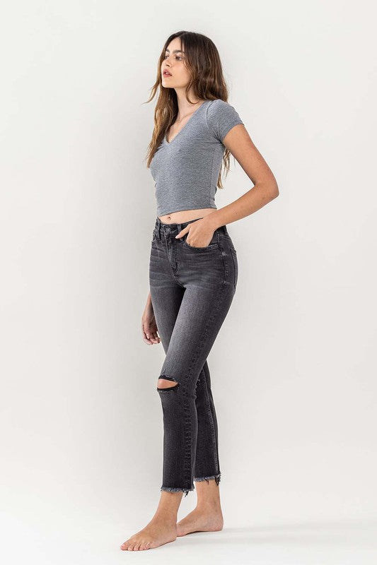 Shop Women's Black Grey High Rise Stretch Distressed Crop Slim Straight Jeans, Jeans, USA Boutique