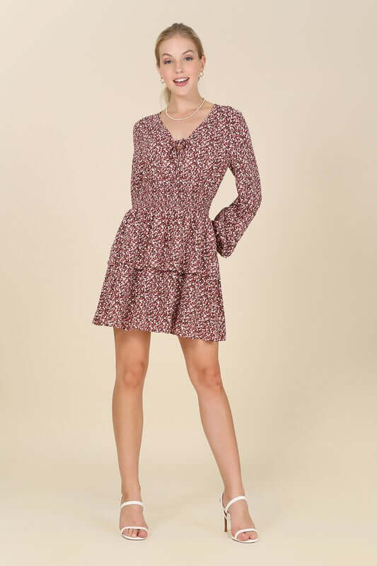 Burgundy Floral Babydoll Long Sleeve Mini Dress, Lilou, $ 43.95