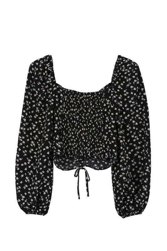 Black Ruched Floral Print Crop Top with Puff Sleeves, Lilou, A Moment Of Now