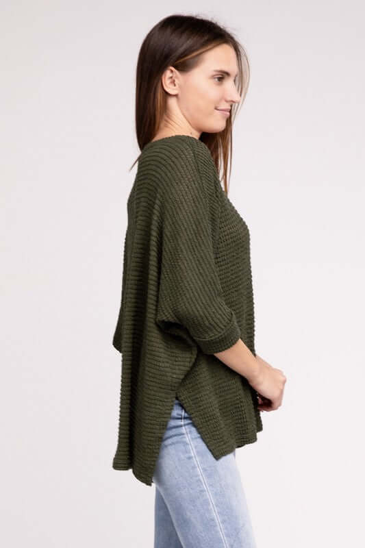 3/4 Sleeve V-Neck Hi-Low Hem Jacquard Sweater, ZENANA, $ 24.95