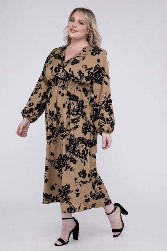 Shop Plus Size Women's Brown Floral Print Smocked High Waist Midi Dress , Dresses, USA Boutique