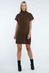 Women's Mock Neck Short Sleeve Mini Sweater Dress with Pocket, ZENANA, $ 55.00