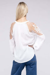 White Lace Patchwork Long Bishop Sleeve Blouse, Nuvi Apparel, $ 44.95