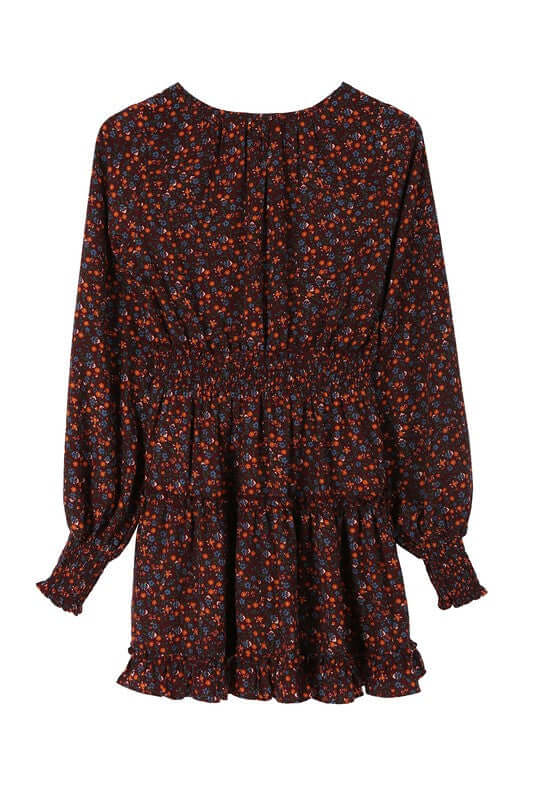 Burgundy Ditsy Floral Long Sleeve Ruffle Tired Mini Dress, Lilou, $ 38.95