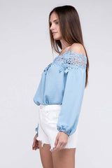 Sky Blue Lace Patchwork off-Shoulder Blouse, Nuvi Apparel, $ 38.70