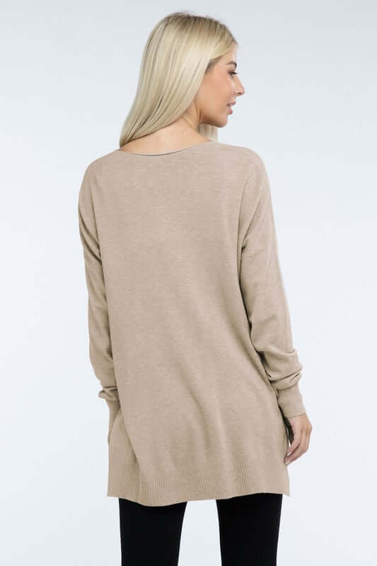 Women's Hi-Low Hem V Neck Front Seam Sweater | USA Boutique, ZENANA, $ 55.00