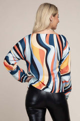 Color Block Boat Neck Bishop Sleeve Blouse