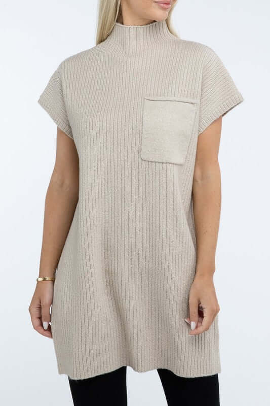 Women's Mock Neck Short Sleeve Mini Sweater Dress with Pocket, ZENANA, $ 55.00