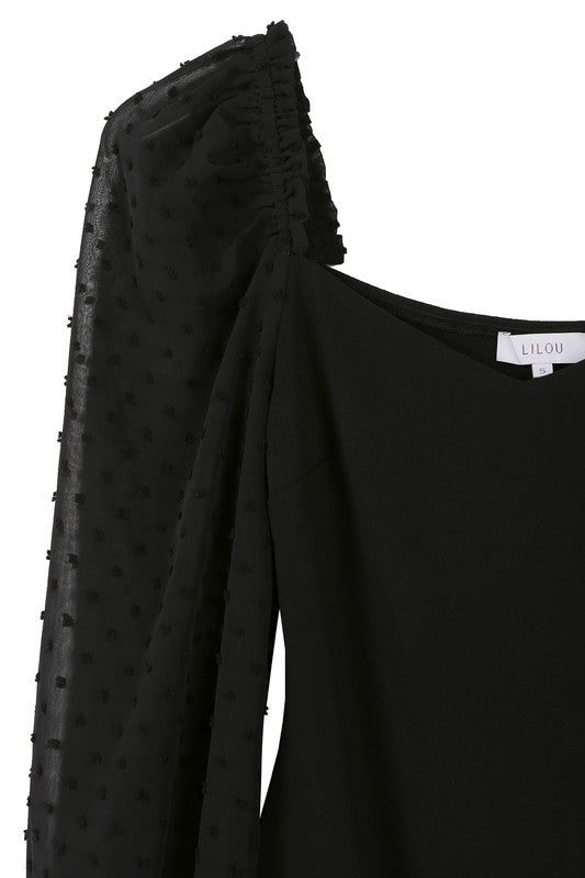 Shop Swiss Dot Mesh Shirring Sleeve Bodysuit, Bodysuits, USA Boutique