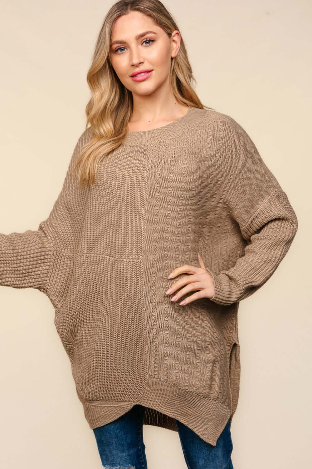 Taupe Side Slit Texture Asymmetric Sweater | Stylish & Unique, Sweaters, $ 45.00, A Moment Of Now™
