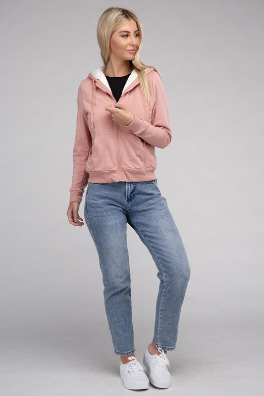 Fuzzy Trim Zip-Up Crop Hoodie Jacket