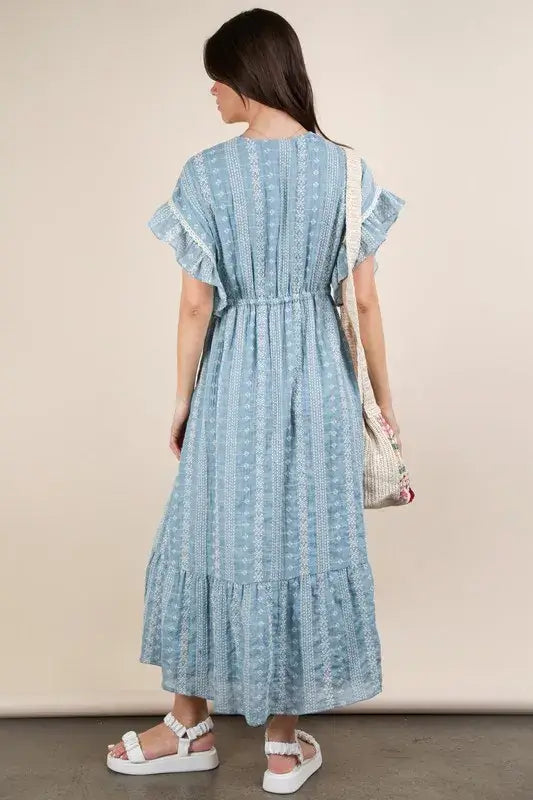 Blue Embroidered Boho Ruffled Midi Dress - Effortless Style, Dresses, $ 55.00, A Moment Of Now™