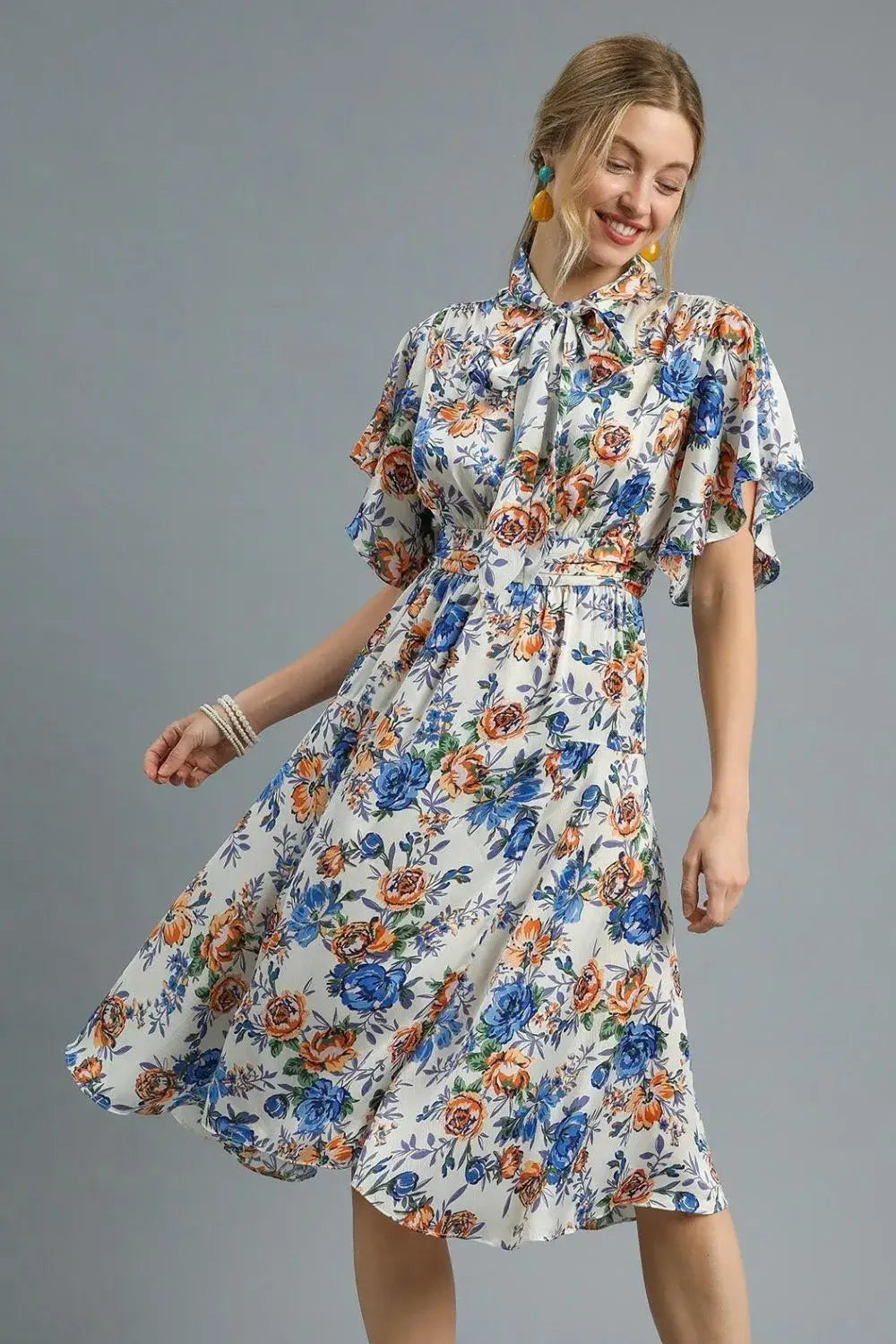 Royal Blue Floral Print Flutter Sleeve Dress - Chic Midi Style, Dresses, $ 65.00, A Moment Of Now™