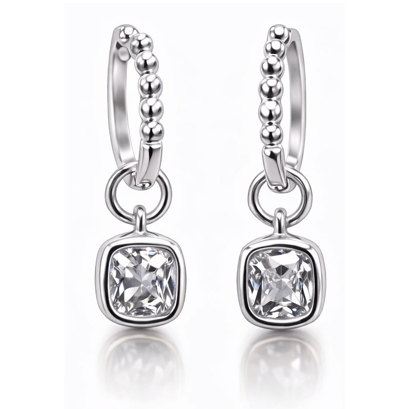 1CTW Created Moissanite Beaded Hoop Drop Earrings in 14kt Gold Over Sterling Silver - Round or Cushion Cut, Earrings, $ 299.00, A Moment Of Now™