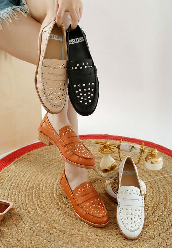 Oglavia Studs Embellished Leather Loafers - Bold Style, Loafers, $ 109.00, A Moment Of Now™