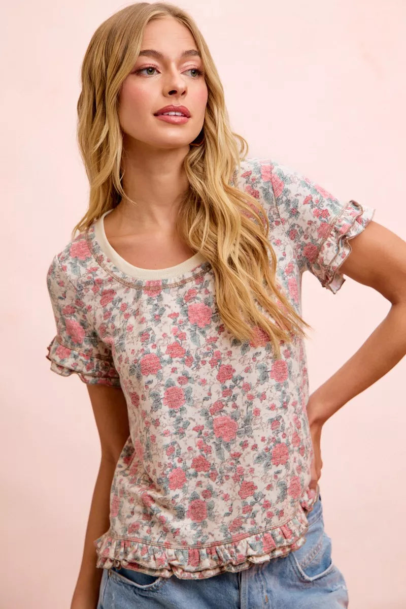 Rose Printed Slub Knit Ruffled Sleeves Top | Boutique In USA, Blouses, $ 39.00, A Moment Of Now™