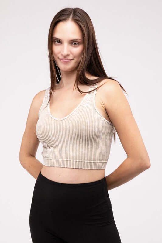 Washed Ribbed Cropped V-Neck Tank Top, ZENANA, $ 25.95