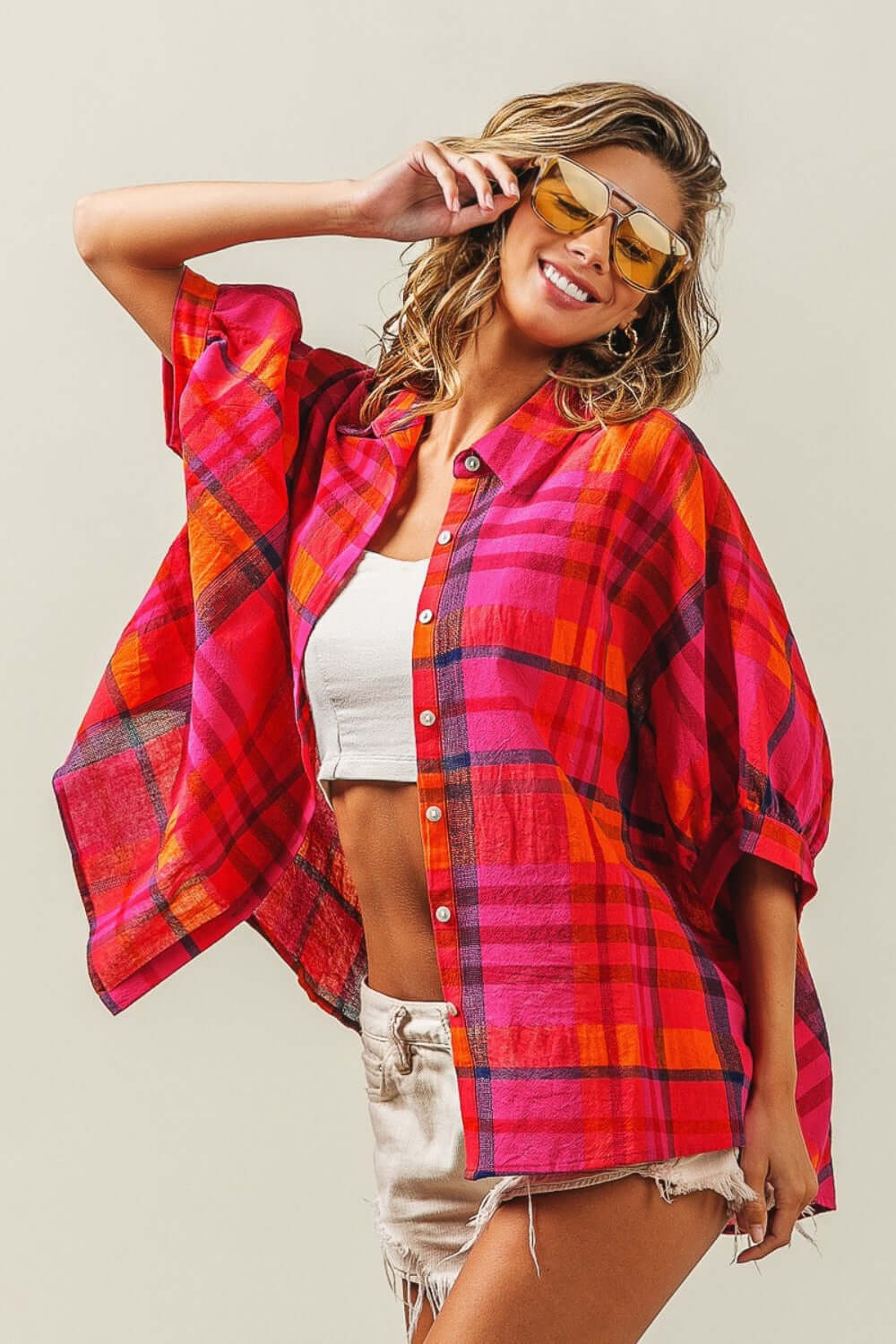 Fuchsia Button Up Dolman Sleeve Plaid Shirt Top, BiBi, A Moment Of Now