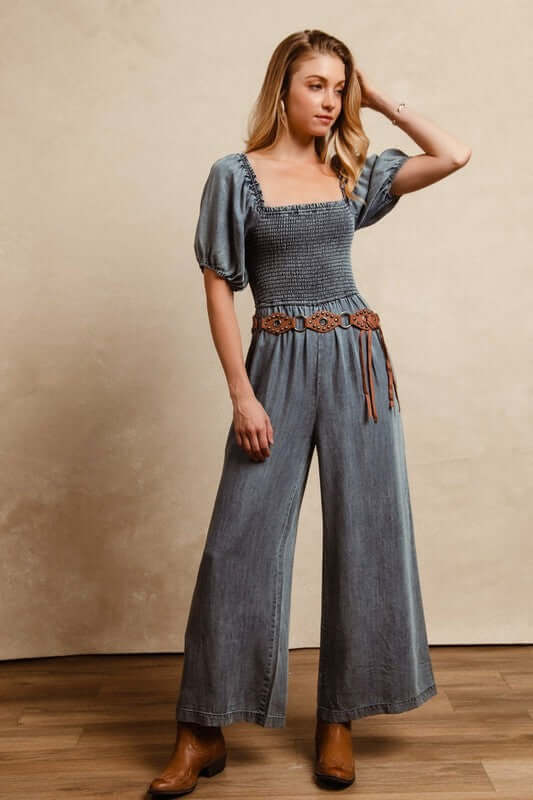 Blue Smocked Puff Sleeve Denim Jumpsuit, Jumpsuits, $ 89.00, A Moment Of Now™