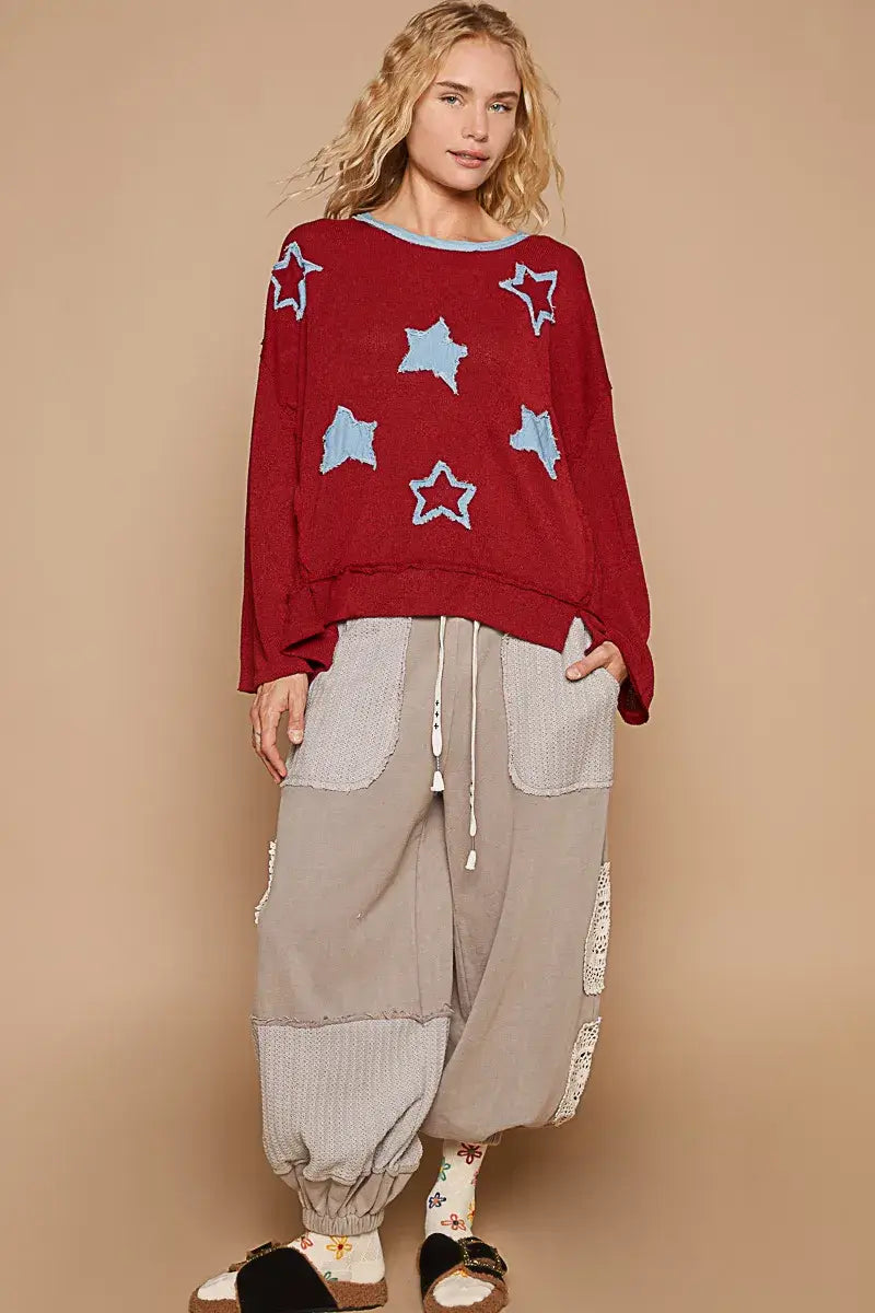 Dark Red Relaxed Fit Sweater with Star Patch, Sweaters, $ 45.00, A Moment Of Now™
