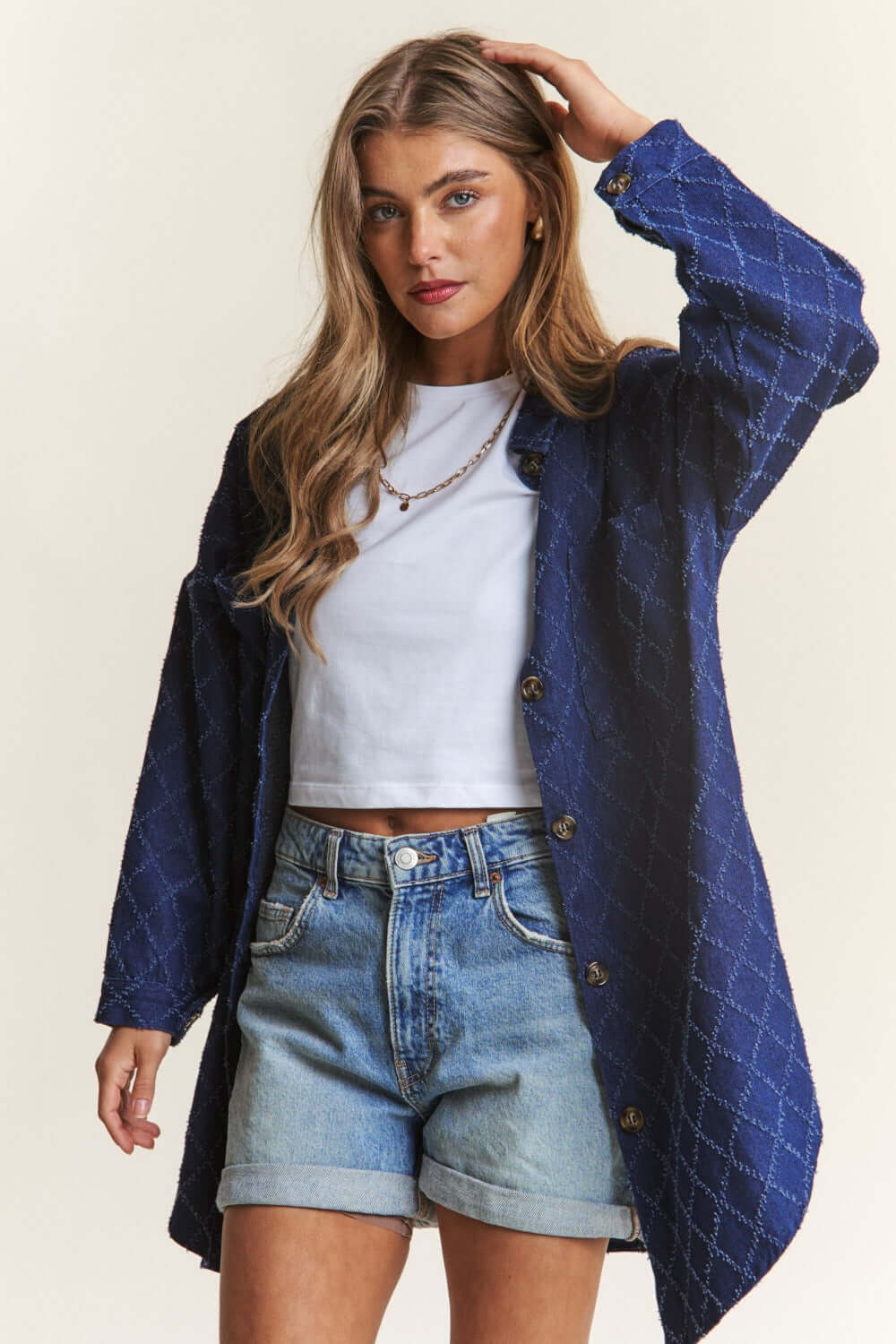 Dark Blue Rhombus Stitched Button Up Denim Shacket - Style Up, Shackets, $ 59.00, A Moment Of Now™