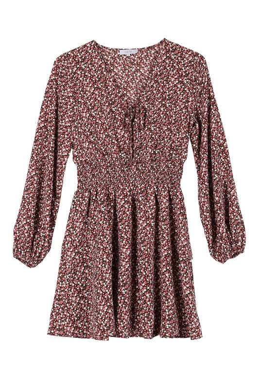 Burgundy Floral Babydoll Long Sleeve Mini Dress, Lilou, $ 43.95