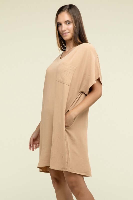 Causal Woven Airflow V Neck T-Shirt Dress with Pockets, ZENANA, A Moment Of Now