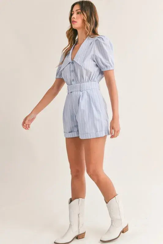 Light Blue Striped Puff Sleeve Collared Neck Romper - Chic Style, Rompers, $ 65.00, A Moment Of Now™