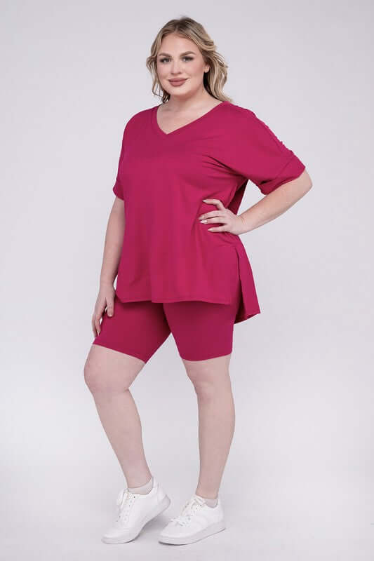 Plus Size Brushed DTY V Neck Top & Biker Shorts Set, ZENANA, A Moment Of Now