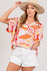 Coral Abstract Print Half Button Blouse