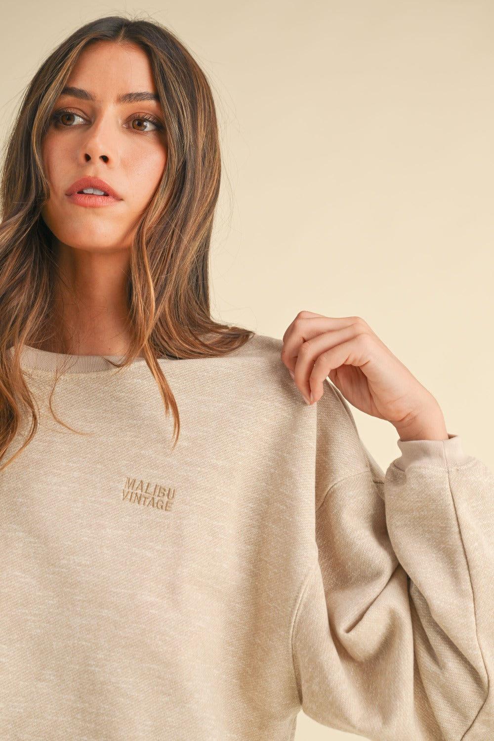 Taupe Round Neck Letter Embroidery Crop Sweatshirt