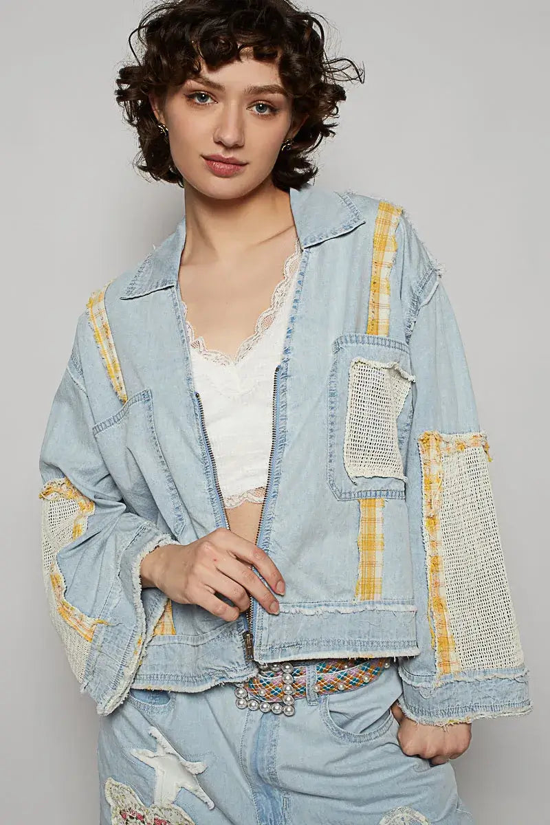 Light Blue Raw Hem Zip Up Denim Jacket - Stylish Accents, Jackets, $ 89.00, A Moment Of Now™