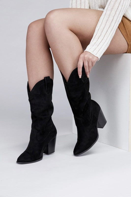 Shop Akito Knee High Heel Western Boots in Black / Beige For Women, Boots, USA Boutique