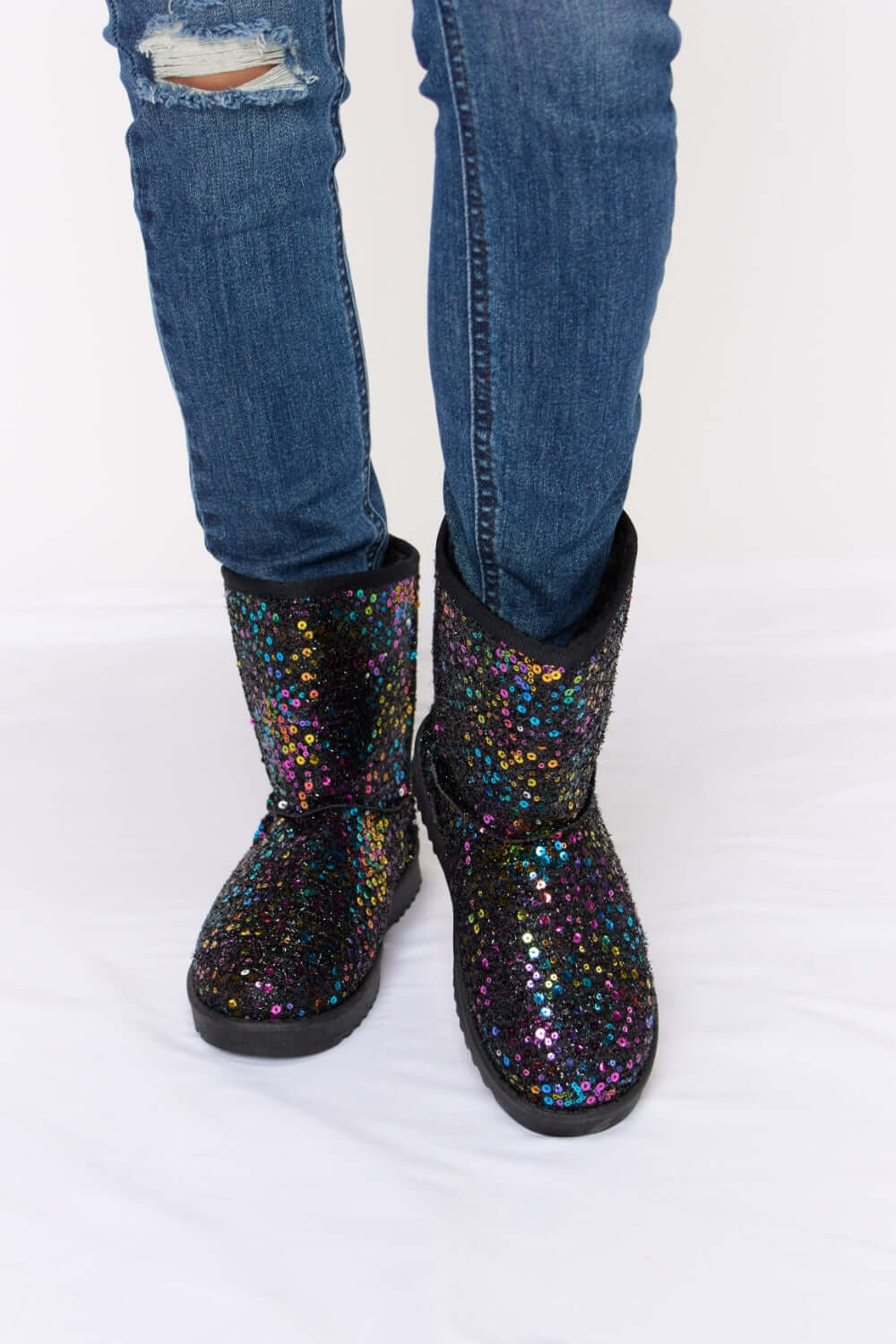 Women's Black Sequin Thermal Flat Winter Short Boots | USA Boutque, Forever Link, $ 29.00