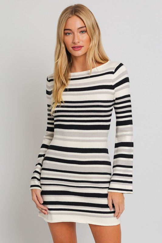Shop Women's Striped Bell Sleeve Sweater Dress | Shop Boutique Clothing, Sweater Dresses, USA Boutique
