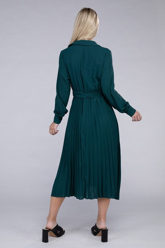 Dark Green Pleated Long Sleeve Maxi Dress with Belt