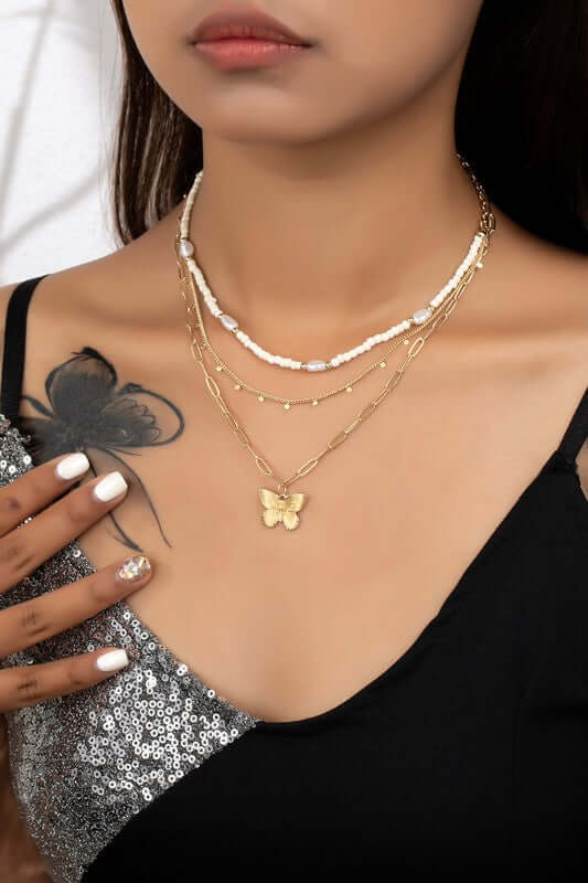 Elegant 3 Row Seed Bead & Chain Necklace, Necklaces, $ 25.00, A Moment Of Now™