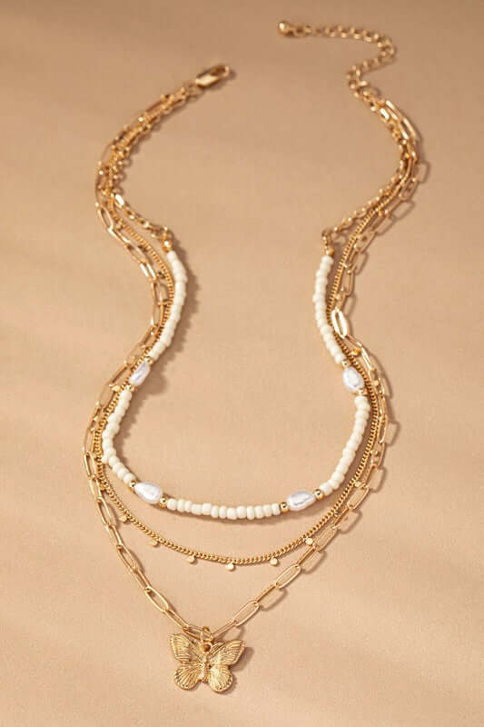 Elegant 3 Row Seed Bead & Chain Necklace, Necklaces, $ 25.00, A Moment Of Now™