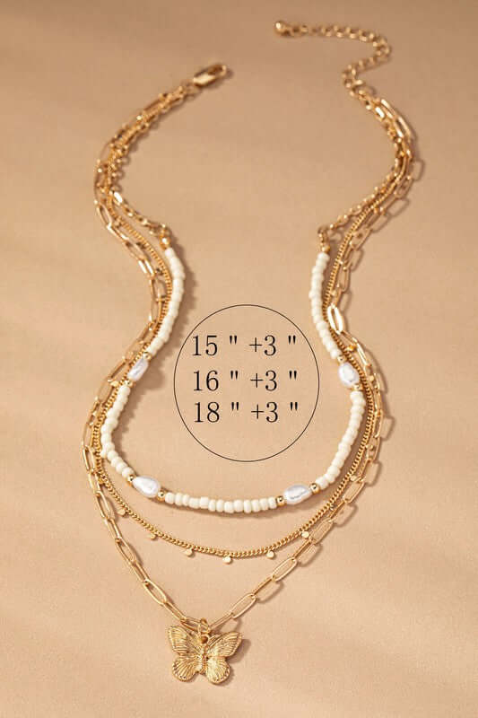 Elegant 3 Row Seed Bead & Chain Necklace, Necklaces, $ 25.00, A Moment Of Now™