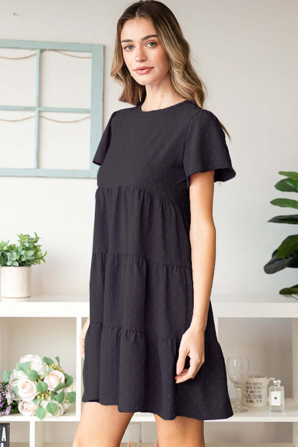 Black Swiss Dot Short Sleeve Tiered Mini Dress, Dresses, $ 39.00, A Moment Of Now™