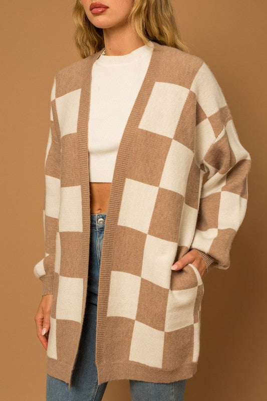 Shop Taupe White Checker Graphic Sweater Cardigan For Women, Cardigans, USA Boutique