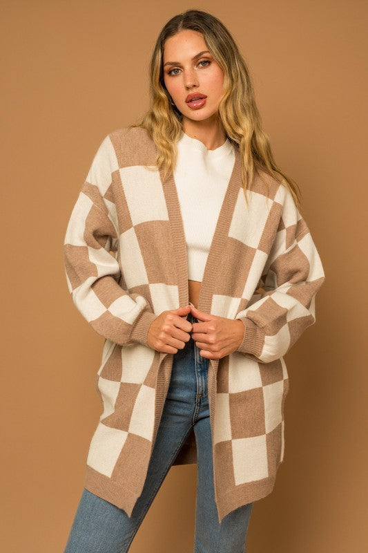 Shop Taupe White Checker Graphic Sweater Cardigan For Women, Cardigans, USA Boutique
