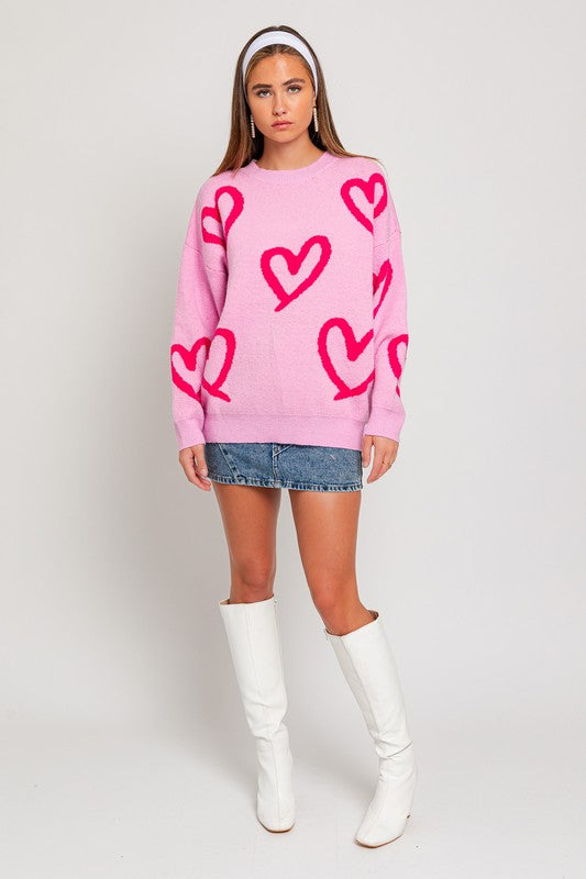 Shop Women's Pink Long Sleeve Round Neck Heart Printed Sweater , Sweaters, USA Boutique