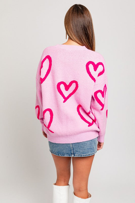 Shop Women's Pink Long Sleeve Round Neck Heart Printed Sweater , Sweaters, USA Boutique