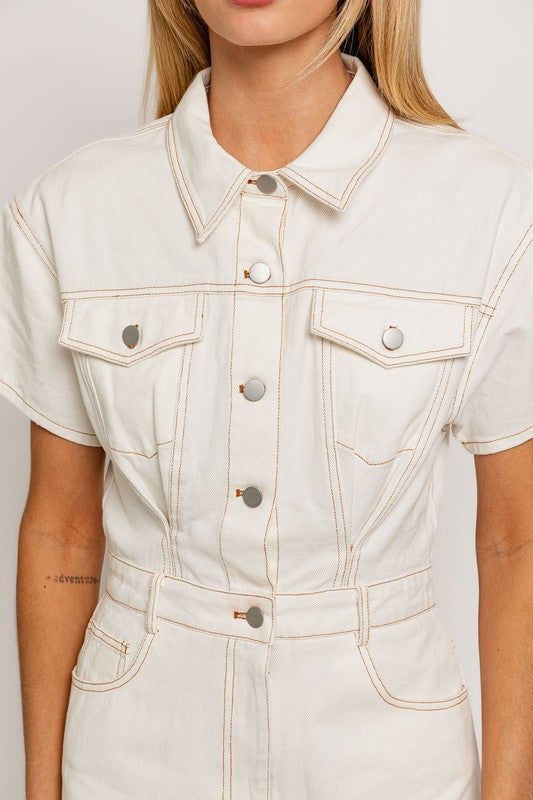 Shop Women's Denim Short Sleeve Denim Romper | USA Boutique Clothing Online, Rompers, USA Boutique
