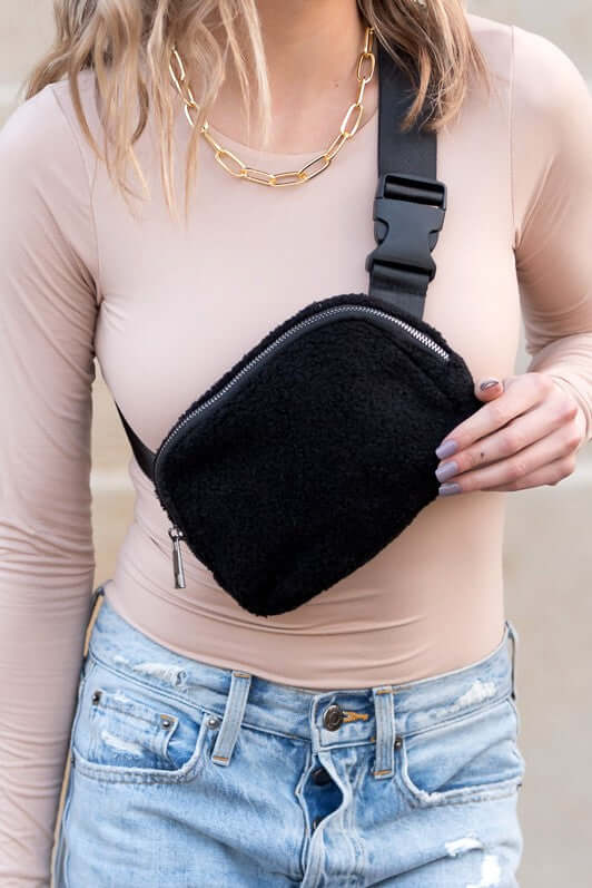 Lola Boucle Sherpa Sling Belt Bag - Stylish & Cozy Accessory, Sling Bags, $ 39.00, A Moment Of Now™