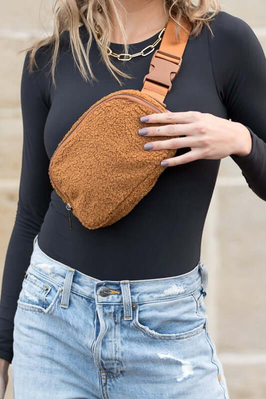 Lola Boucle Sherpa Sling Belt Bag - Stylish & Cozy Accessory, Sling Bags, $ 39.00, A Moment Of Now™