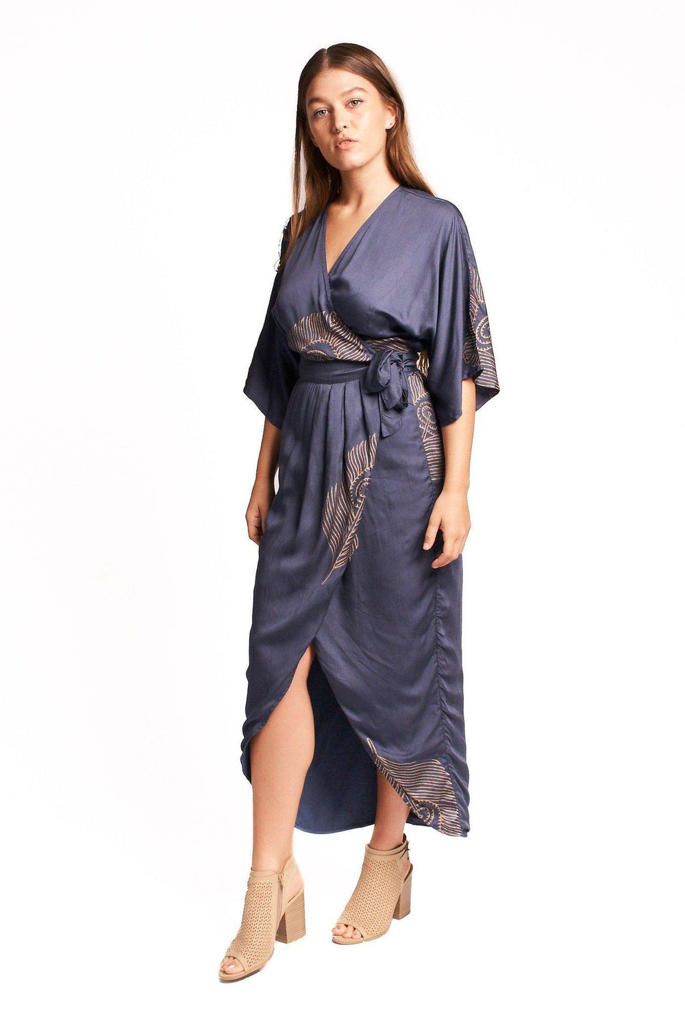 Peacock Feather Wrap Dress in Navy + Gold | Boutique In USA, Dresses, $ 180.00, A Moment Of Now™