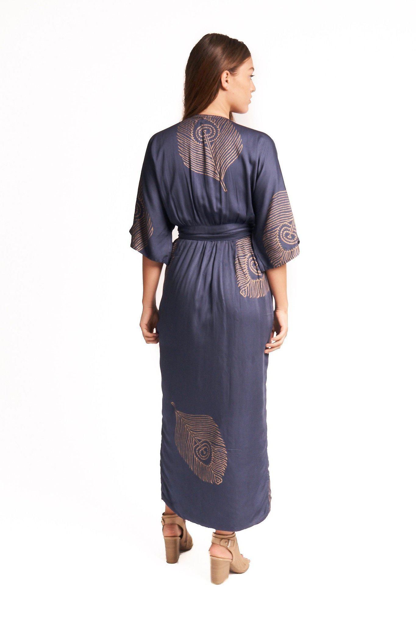 Peacock Feather Wrap Dress in Navy + Gold | Boutique In USA, Dresses, $ 180.00, A Moment Of Now™