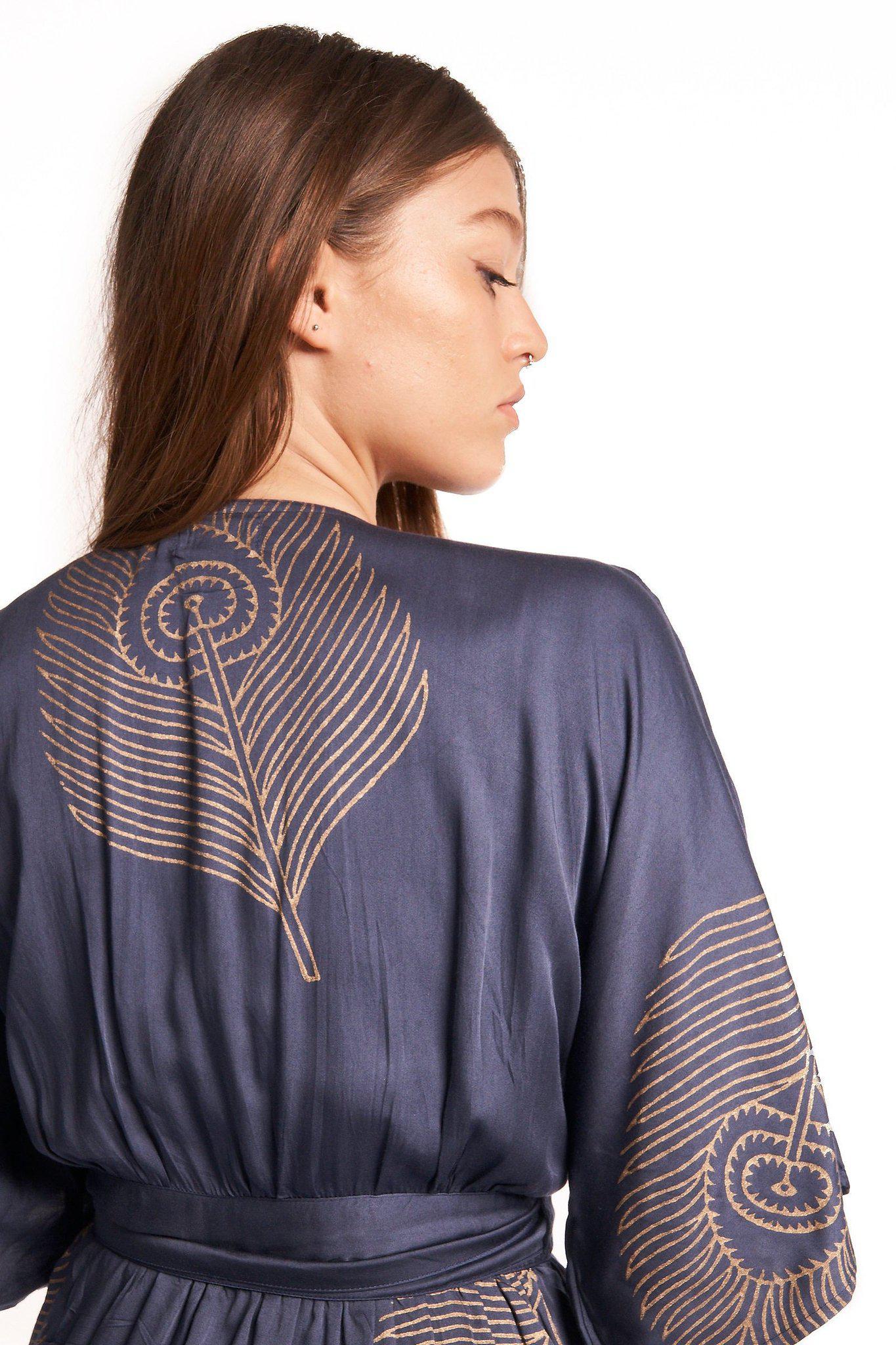 Peacock Feather Wrap Dress in Navy + Gold | Boutique In USA, Dresses, $ 180.00, A Moment Of Now™
